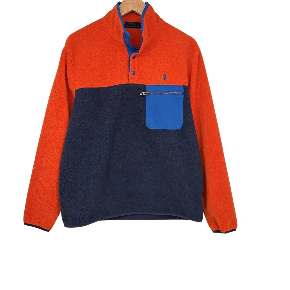 Polo Ralph‎ Lauren Fleece Pullover Jacket Orange Blue Colorblock Mens